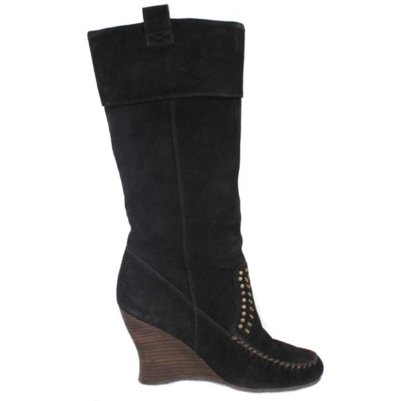 SAM EDELMAN Black ‘Alabama’ Suede Studded Knee High Moccasin Wedge Boots Size 8 - Picture 2 of 8